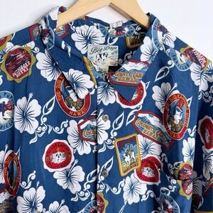 Vintage Big Dogs Men's 3X Rayon Novelty Print Floral Dog Hawaiian Shirt Blue